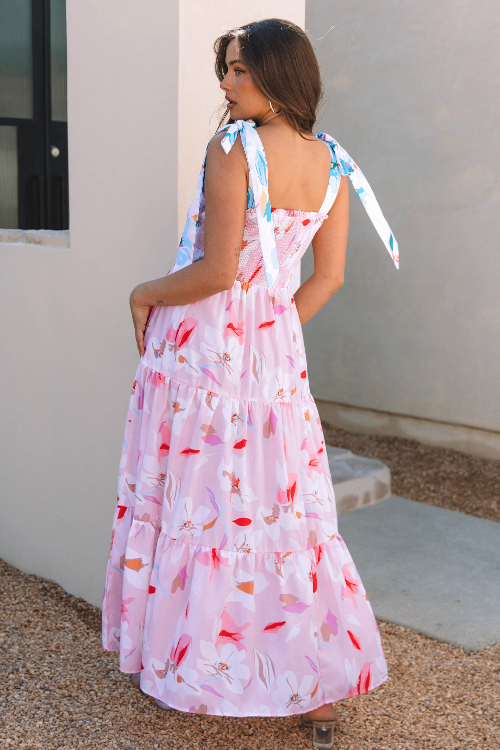 Pink Floral Print Knotted Shoulder Smocked Women’s Maxi Dress