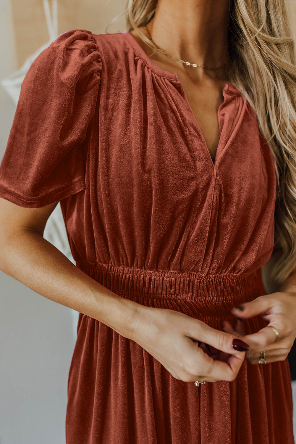 Red Dahlia Velvet Short Sleeve Shirred Waist TieredW omen’s Maxi Dress