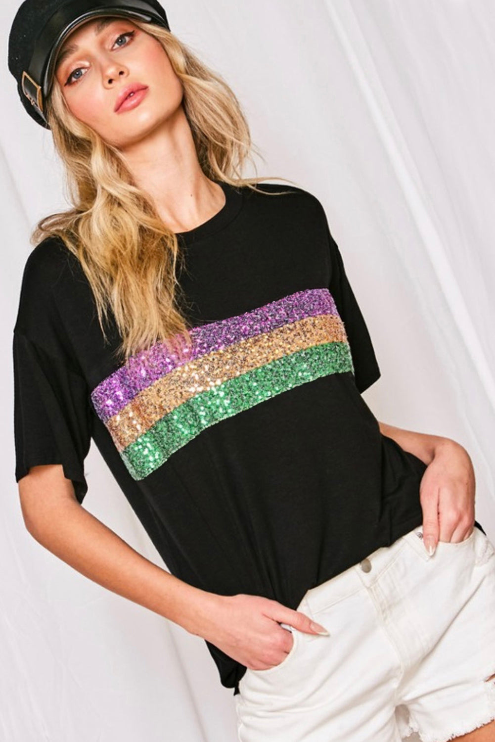Black Sequin Stripes Patchwork Mardi Gras Crew Neck Women’s T-Shirt