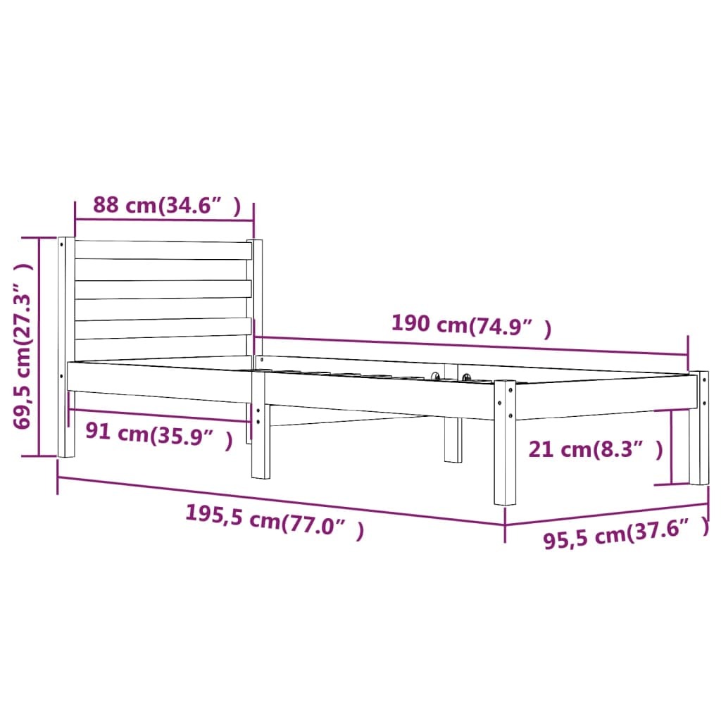 Bed Frame without Mattress 90x190cm Single Solid Pinewood Bedstead White
