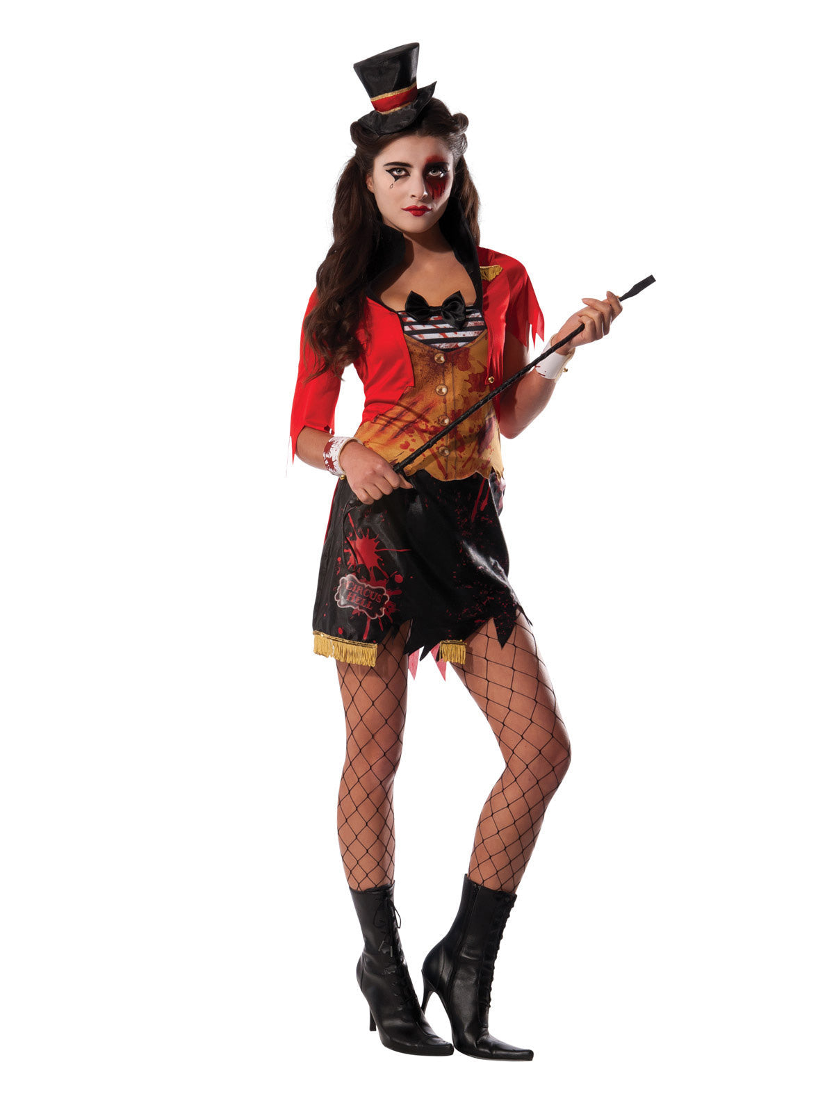 Mauled Ringmistress Costume Adult Circus Jacket Skirt Hat with Blood Splatter