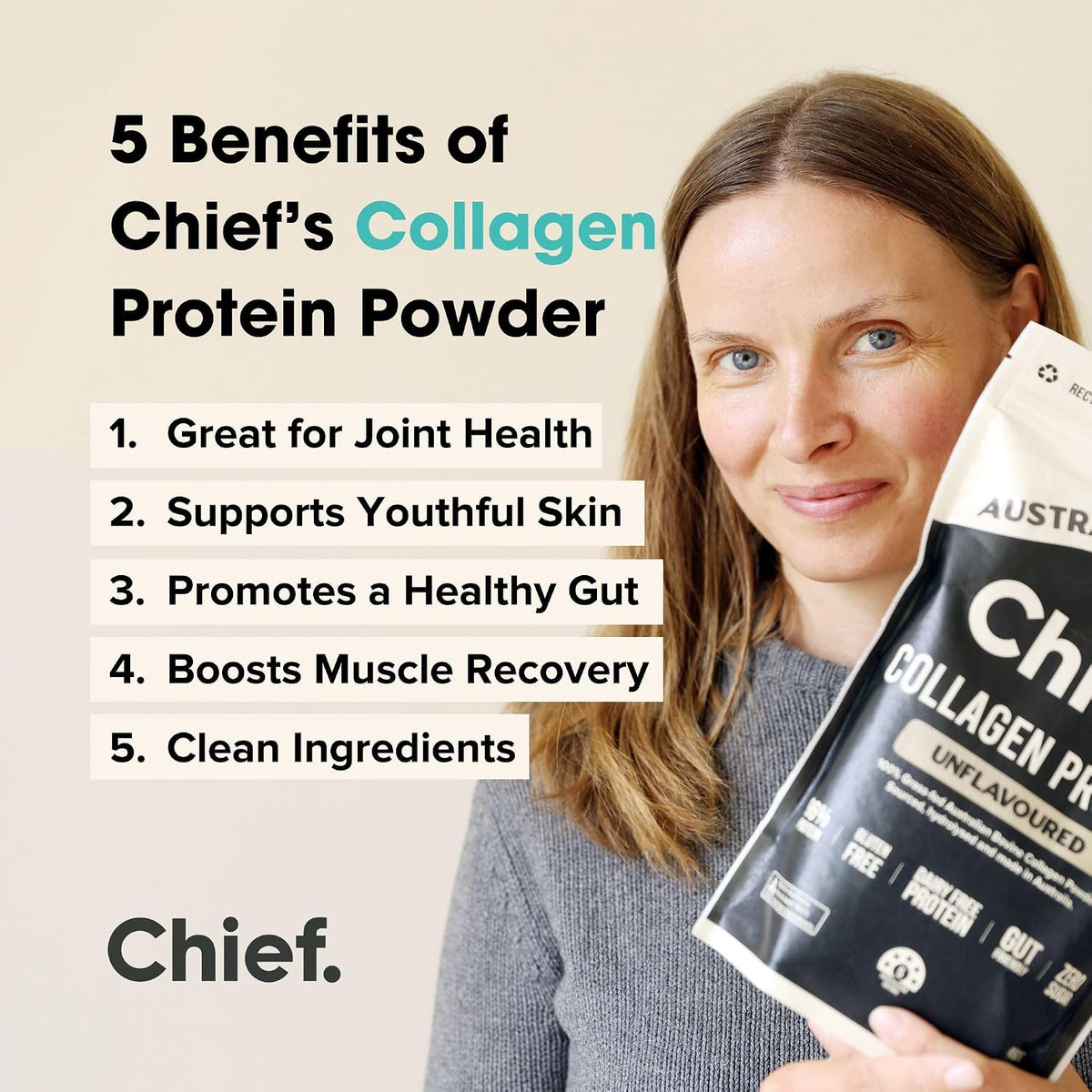 Chief Collagen Protein Powder Grass-Fed Keto Unflavoured 450g 30 Servings