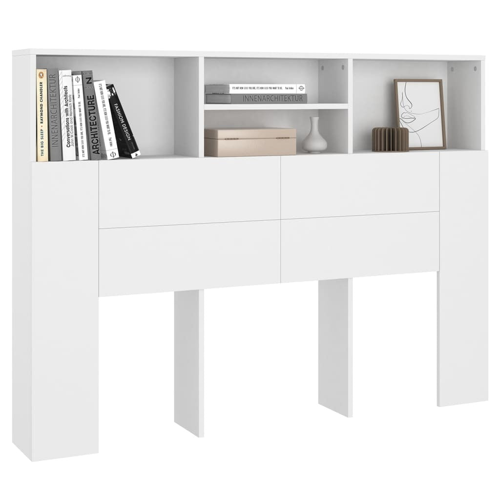 Headboard Cabinet Engineered Wood White Bookcase Storage 140x19x103.5cm