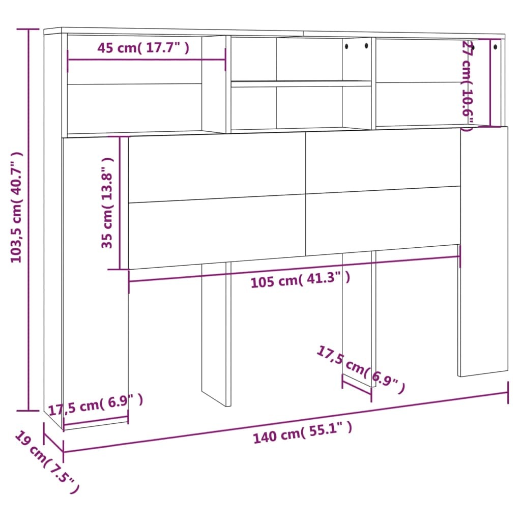 Headboard Cabinet Engineered Wood White Bookcase Storage 140x19x103.5cm
