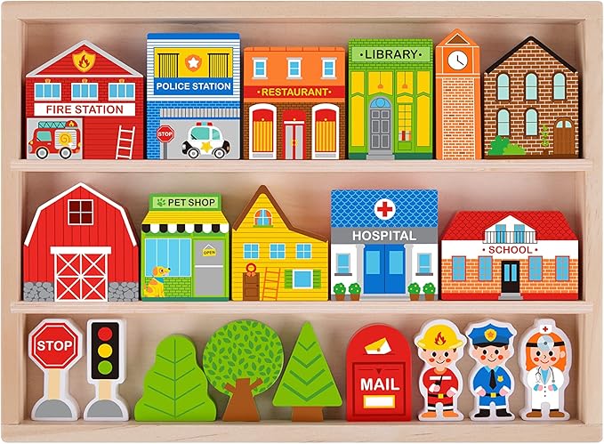 Tooky Toy Town Play Set in Wooden Case – Wooden Town Building and Figurines Pretend Play City Set
