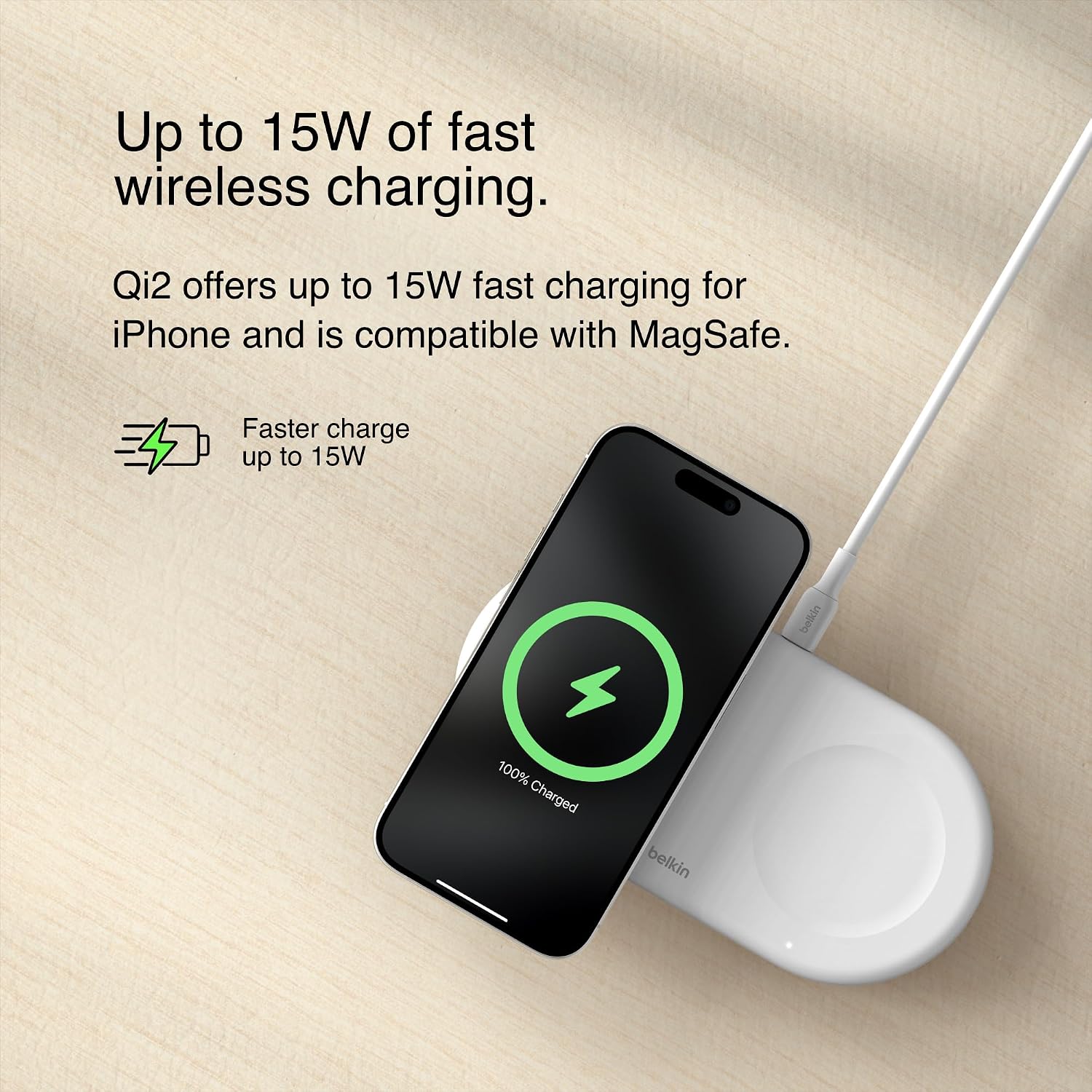 Belkin 2-in-1 Qi2 Magnetic Wireless Charger 15W iPhone AirPods White Fast Charge