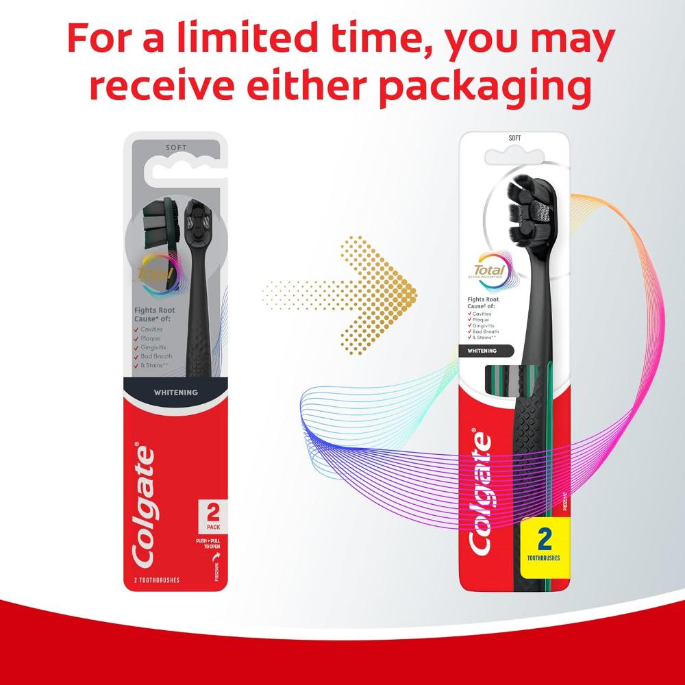Colgate Total Active Prevention Whitening Toothbrush, Soft, Adult, 2 Pack, Black