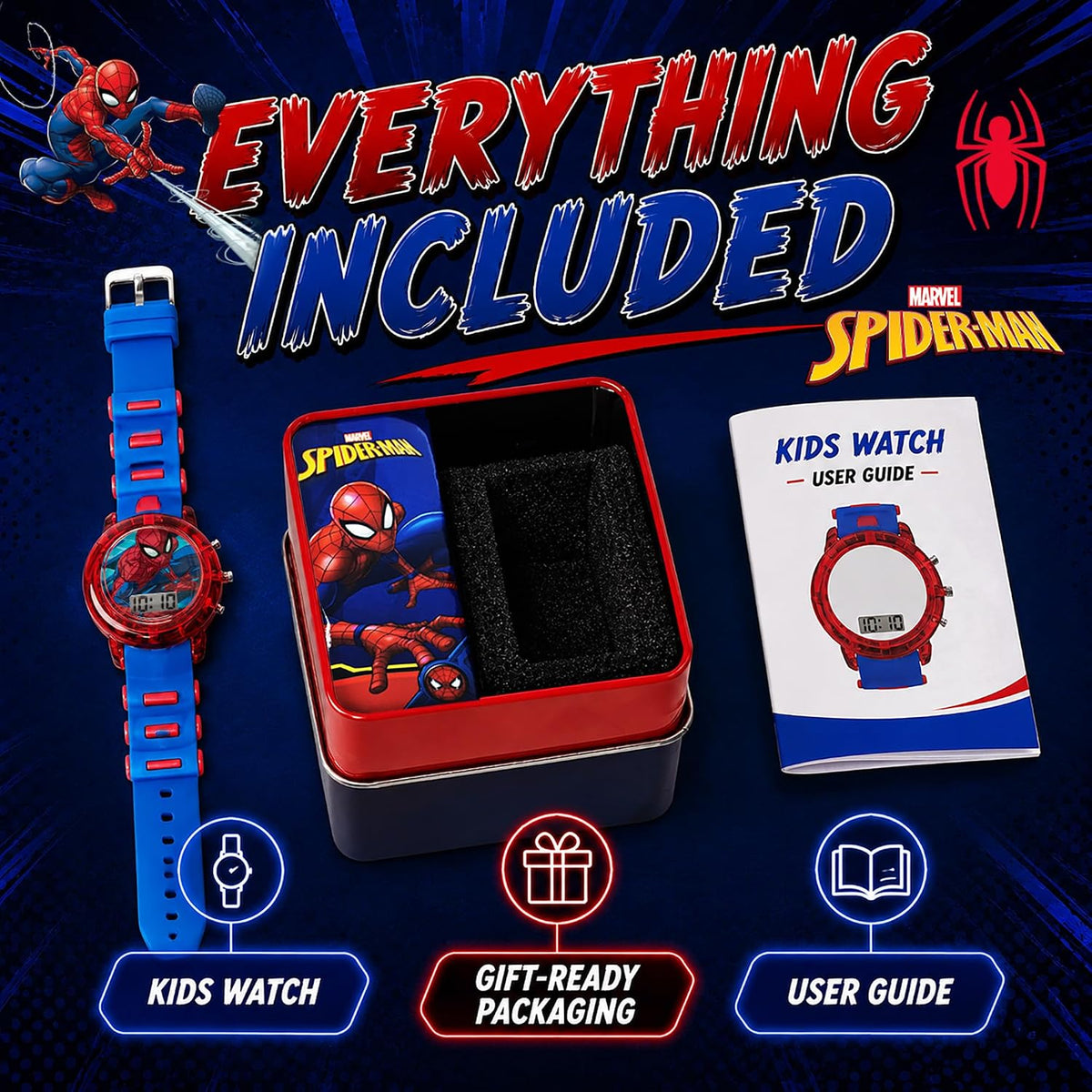 Marvel Spider-Man Digital Watch for Kids Flashing LED Easy Reader Red/Blue