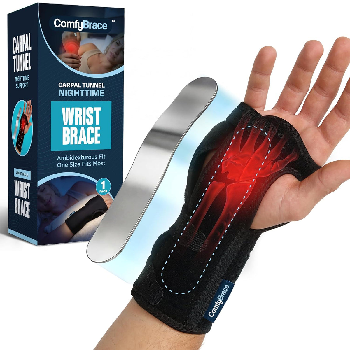 ComfyBrace Night Wrist Sleep Support Brace Cushioned Adjustable Fits Both Hands