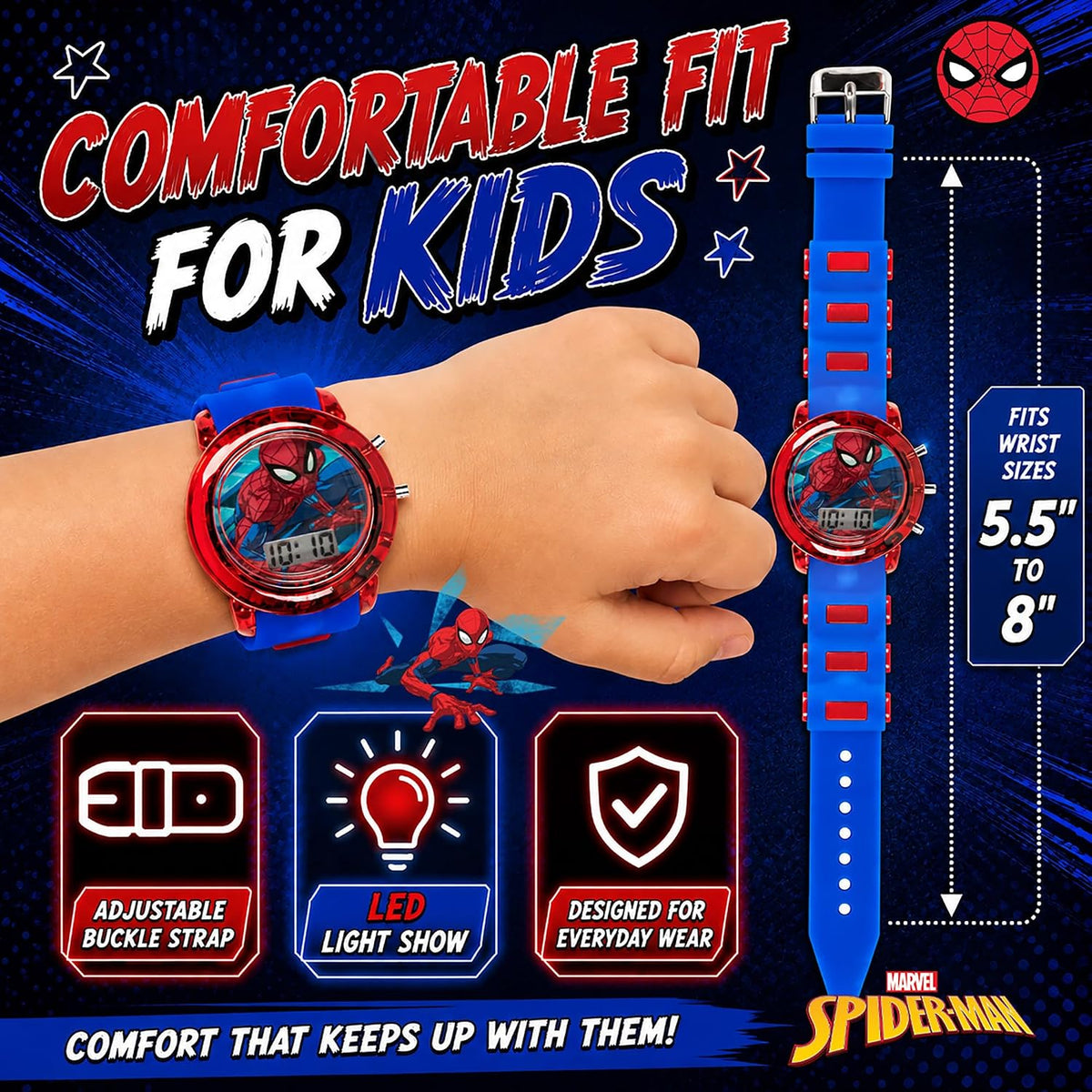 Marvel Spider-Man Digital Watch for Kids Flashing LED Easy Reader Red/Blue