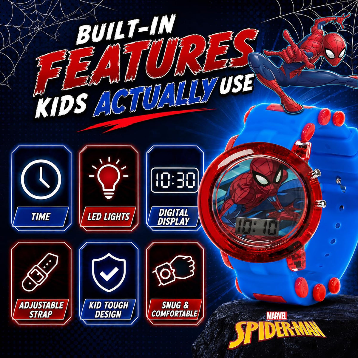 Marvel Spider-Man Digital Watch for Kids Flashing LED Easy Reader Red/Blue
