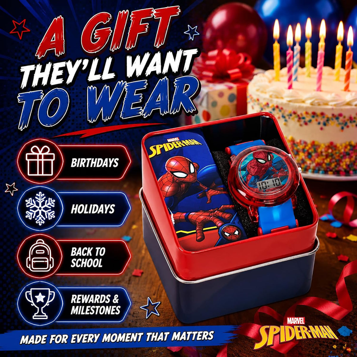Marvel Spider-Man Digital Watch for Kids Flashing LED Easy Reader Red/Blue