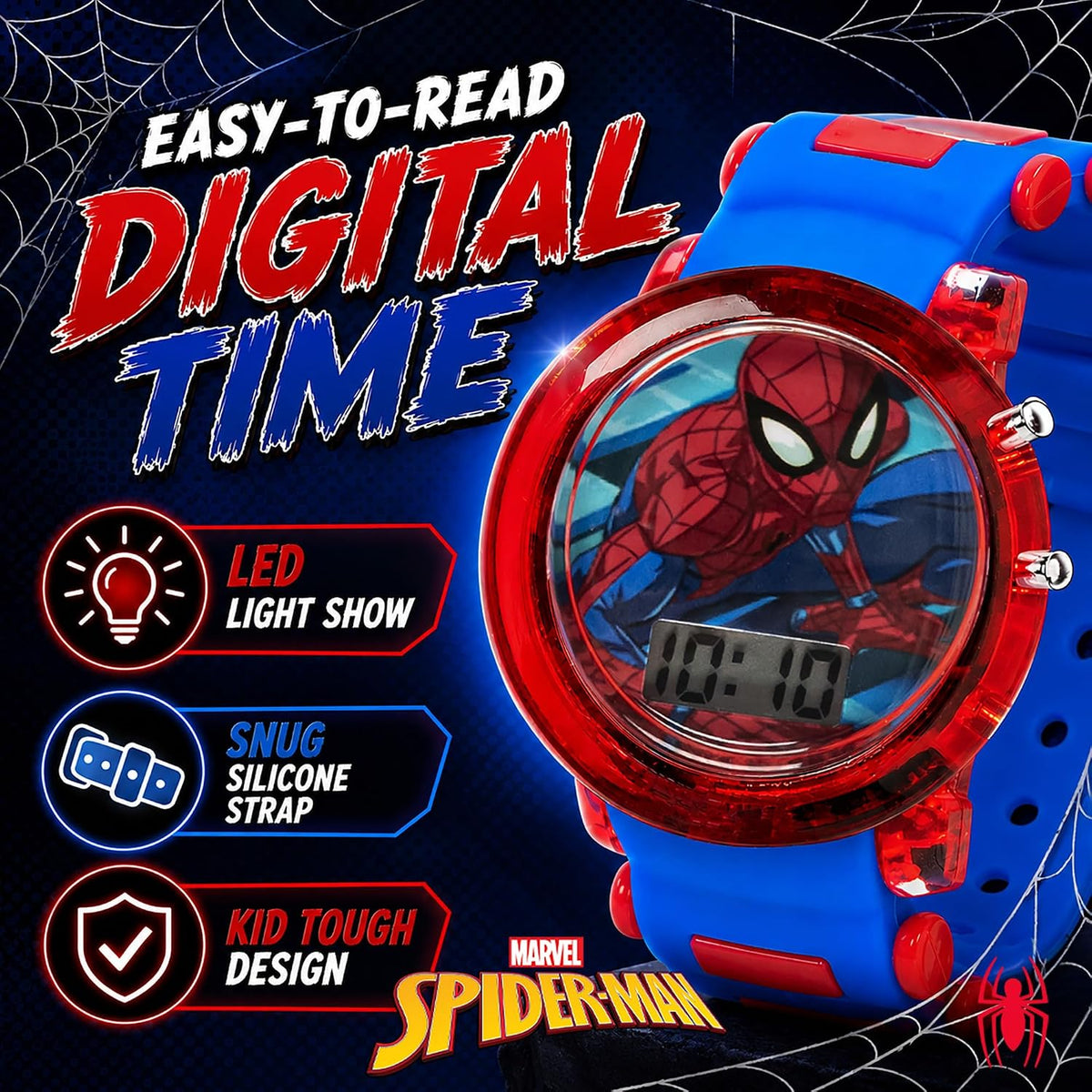 Marvel Spider-Man Digital Watch for Kids Flashing LED Easy Reader Red/Blue
