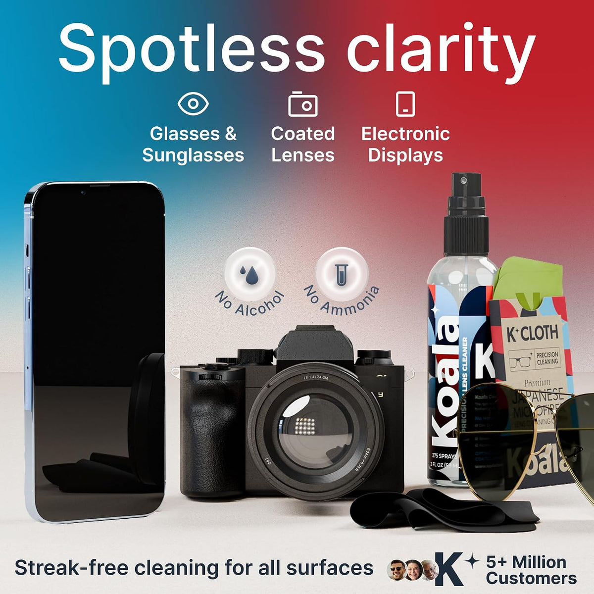Koala Lifestyle Eyeglass Lens Cleaner Spray Kit Alcohol Free Camera 4 Piece Set