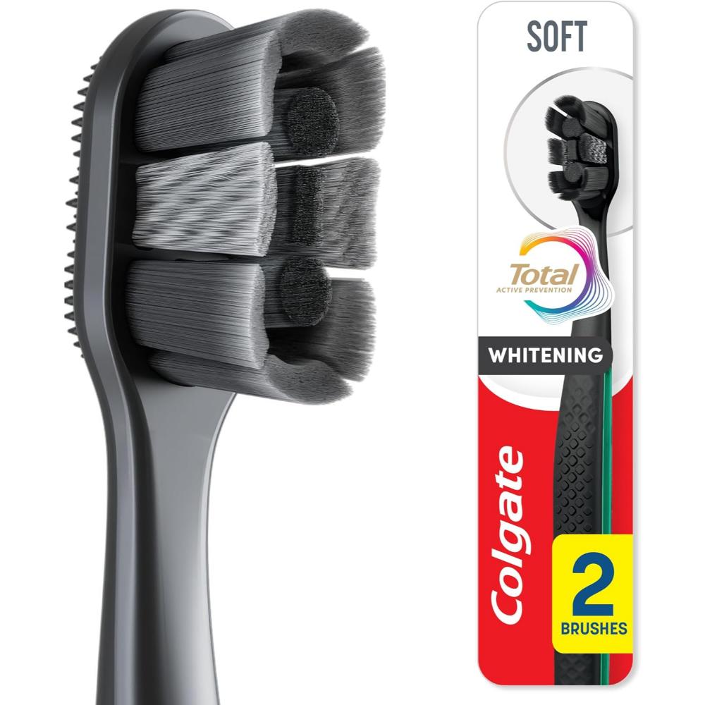 Colgate Total Active Prevention Whitening Toothbrush, Soft, Adult, 2 Pack, Black