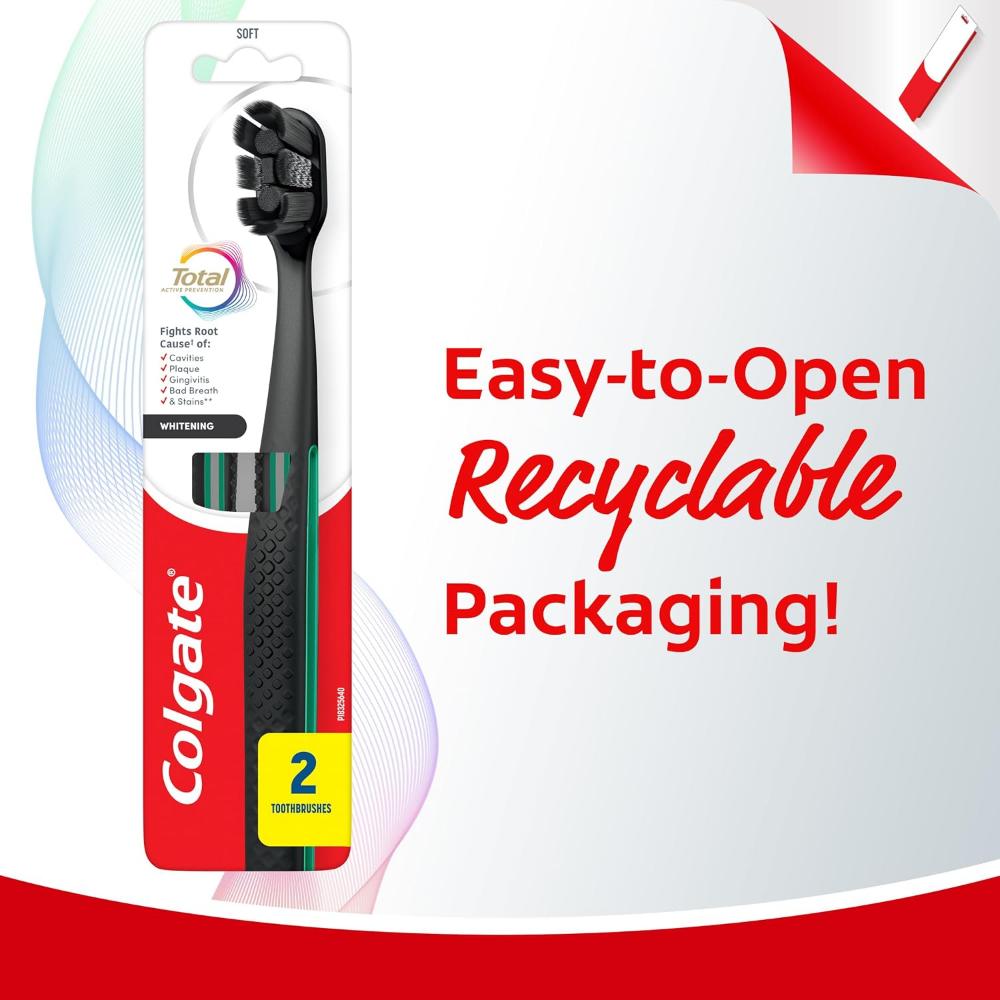 Colgate Total Active Prevention Whitening Toothbrush, Soft, Adult, 2 Pack, Black