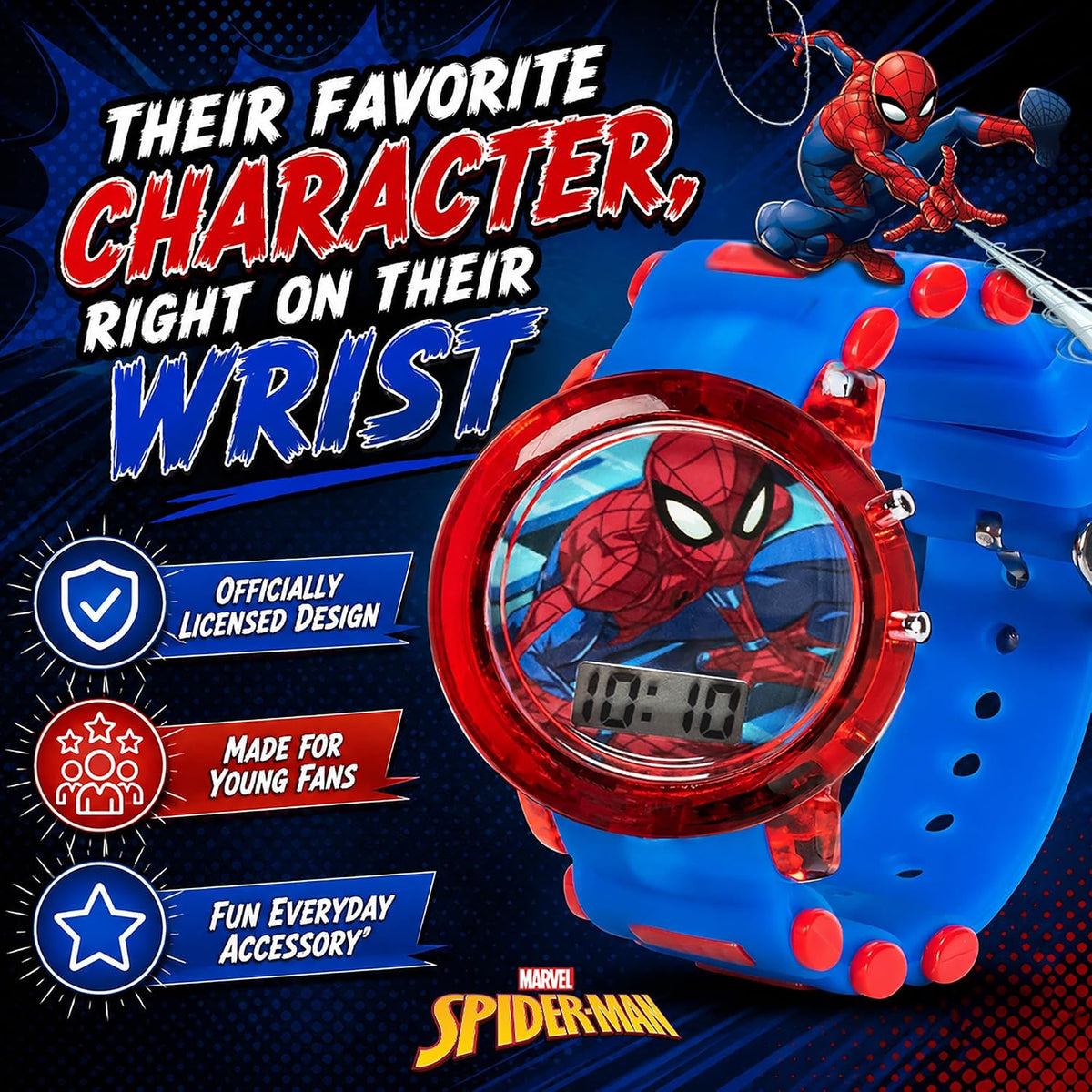 Marvel Spider-Man Digital Watch for Kids Flashing LED Easy Reader Red/Blue