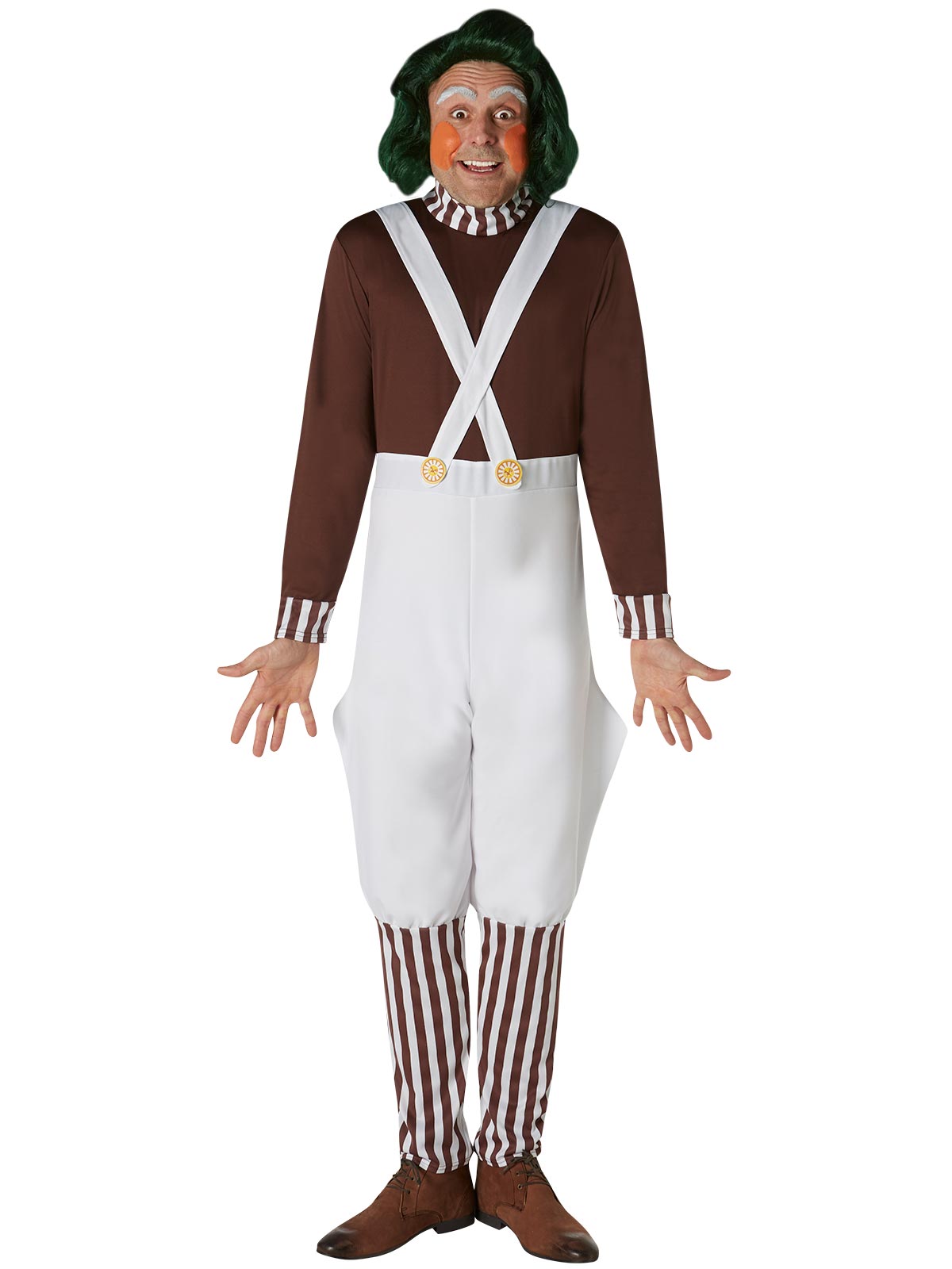 Willy Wonka Oompa Loompa Kids Costume – Official Licensed Jumpsuit with Striped Socks, Brown Colour