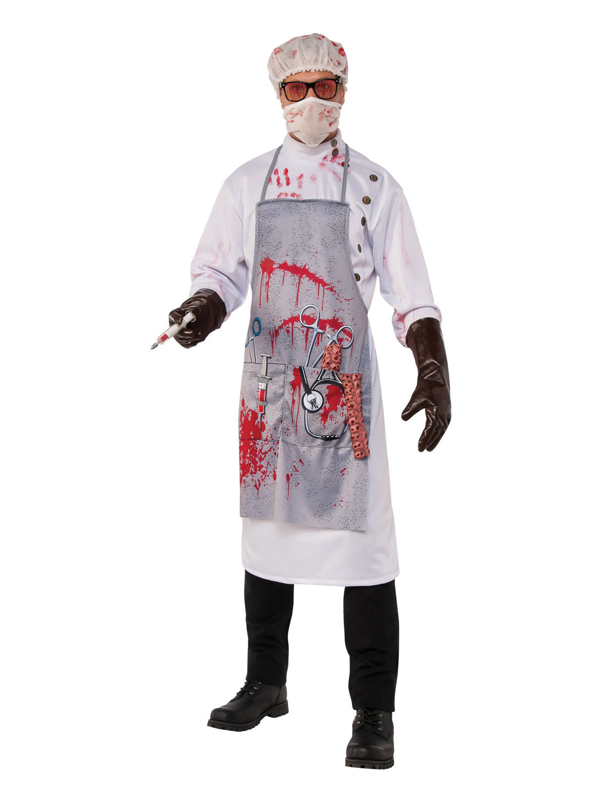 Mad Scientist Costume Adult Bloody Lab Coat with Mask Hat Glasses and Gloves