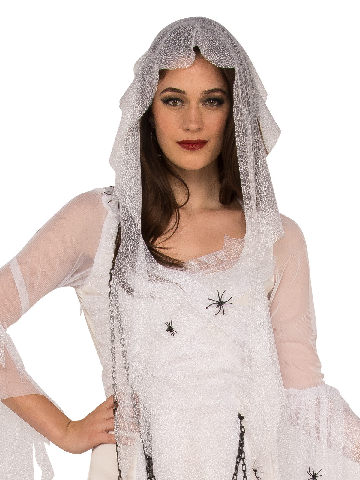 Ghostly Spirit Women's Halloween Costume with White Tattered Dress Veil Spiders