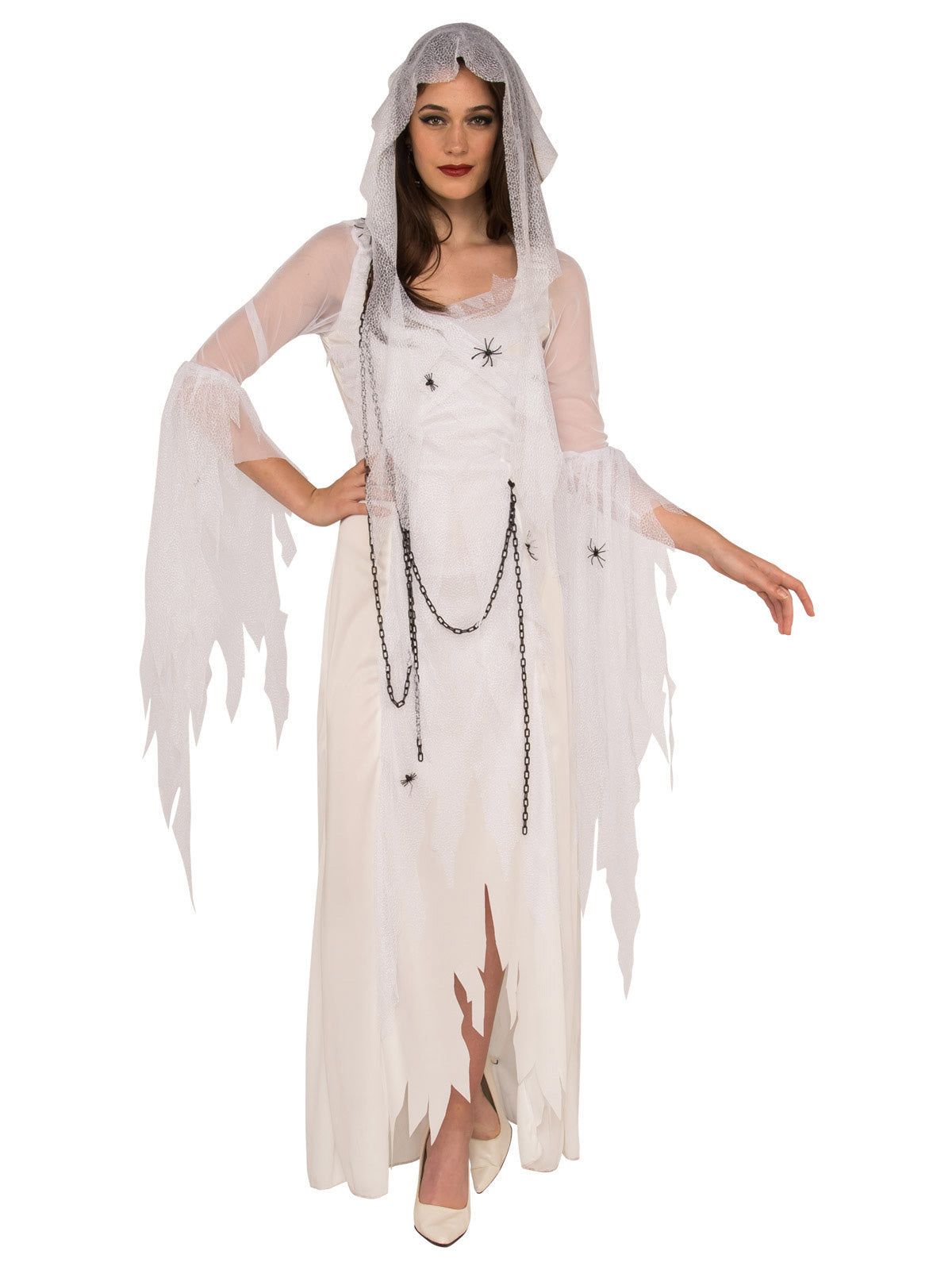 Ghostly Spirit Women's Halloween Costume with White Tattered Dress Veil Spiders