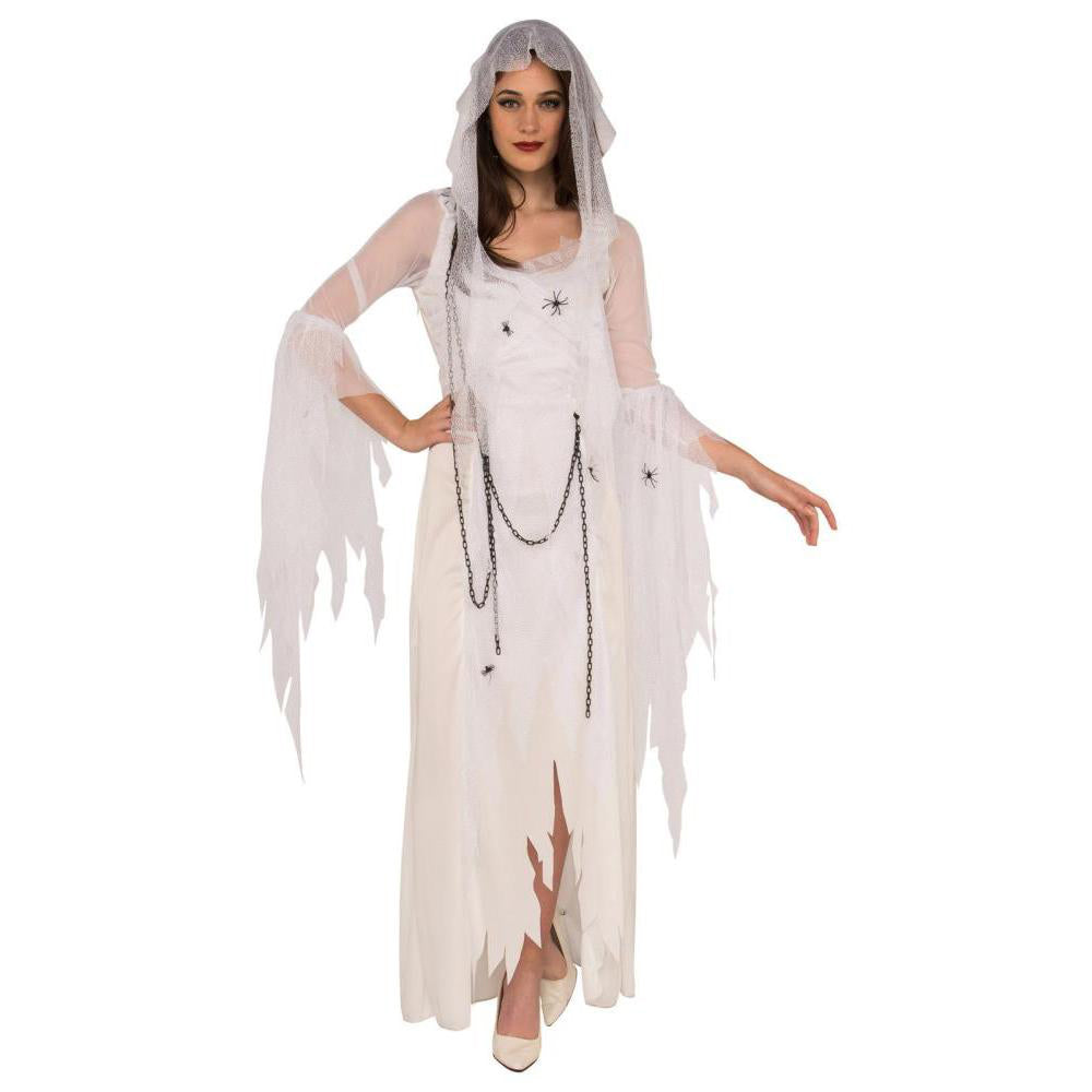 Ghostly Spirit Women's Halloween Costume with White Tattered Dress Veil Spiders