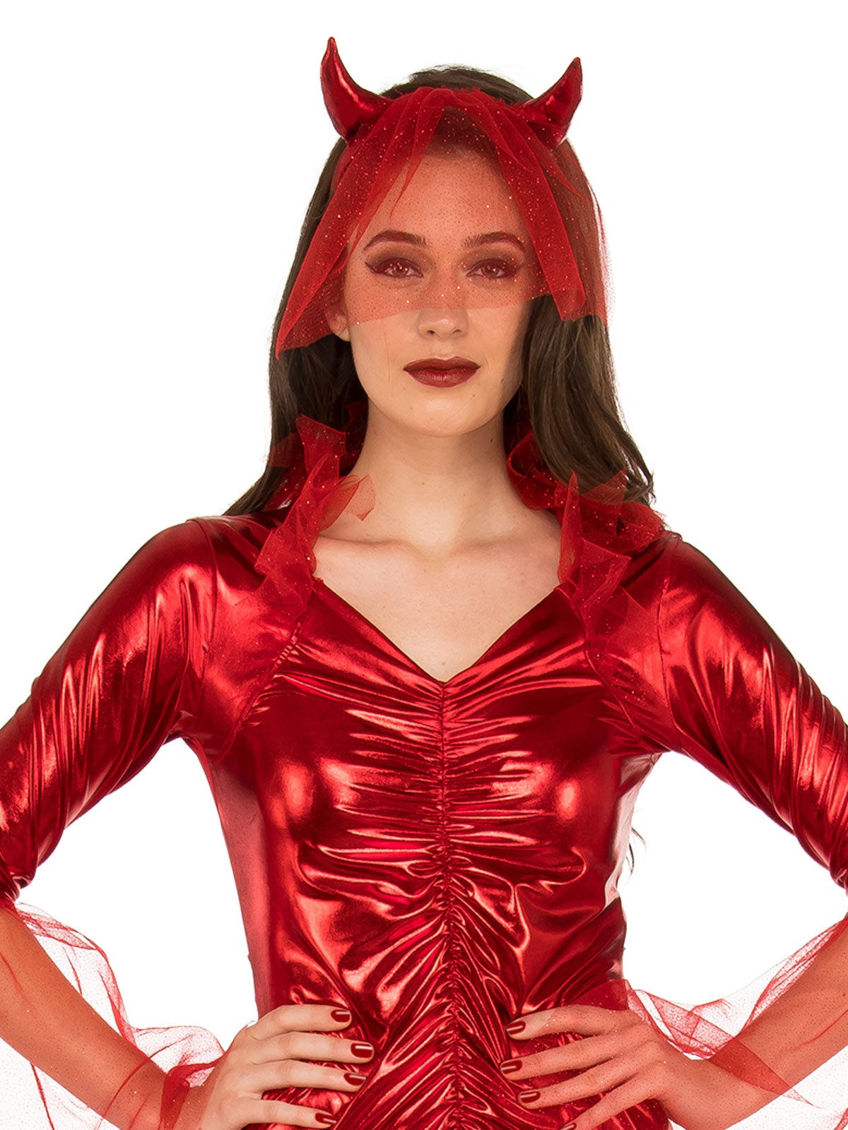Rubie's Women's Devil Costume Long Red Shiny Mermaid Style Dress with Horned Veil - Red Colour