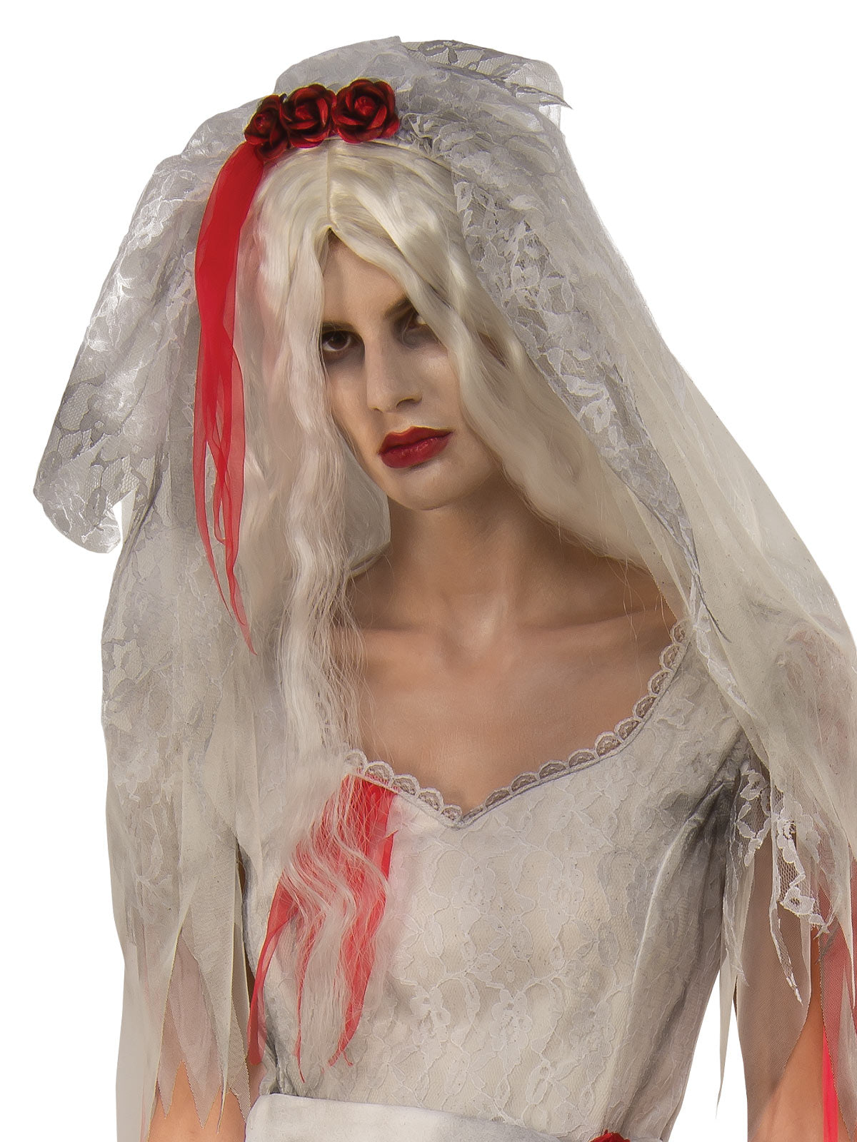 Ghost Bride Adult Halloween Costume with Tattered White Dress and Veil