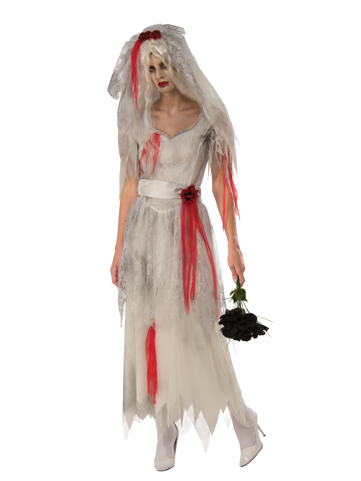 Ghost Bride Adult Halloween Costume with Tattered White Dress and Veil