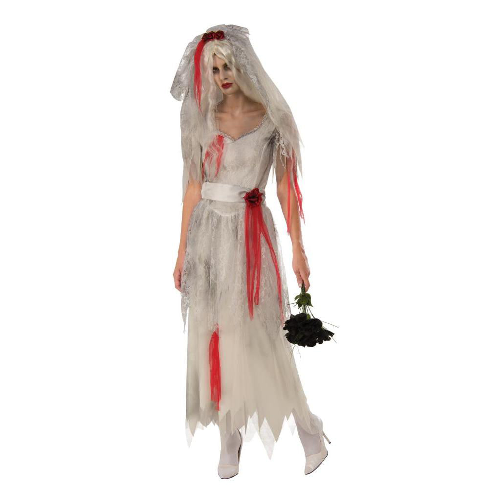 Ghost Bride Adult Halloween Costume with Tattered White Dress and Veil