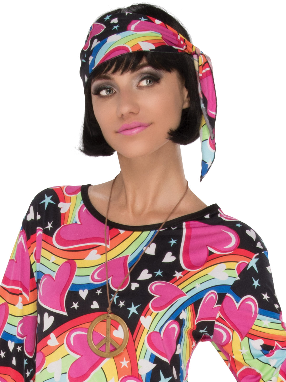 Women's 60s Go Go Girl Costume – Colourful Mini Dress with Head Scarf Multi Colour