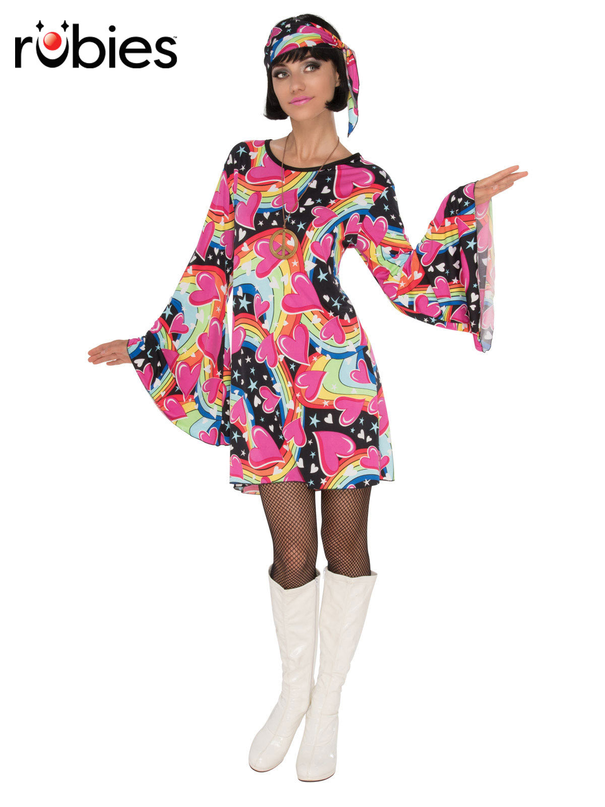Women's 60s Go Go Girl Costume – Colourful Mini Dress with Head Scarf Multi Colour