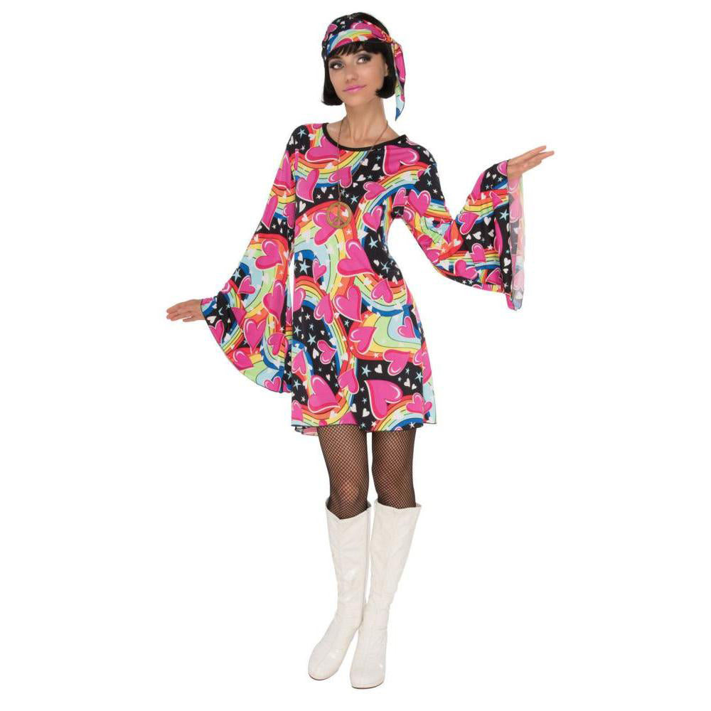Women's 60s Go Go Girl Costume – Colourful Mini Dress with Head Scarf Multi Colour