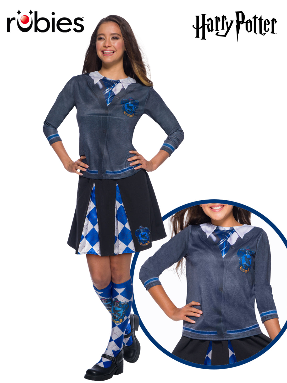 Harry Potter Ravenclaw Printed Top for Kids with House Emblem and Tie Design - Blue Colour