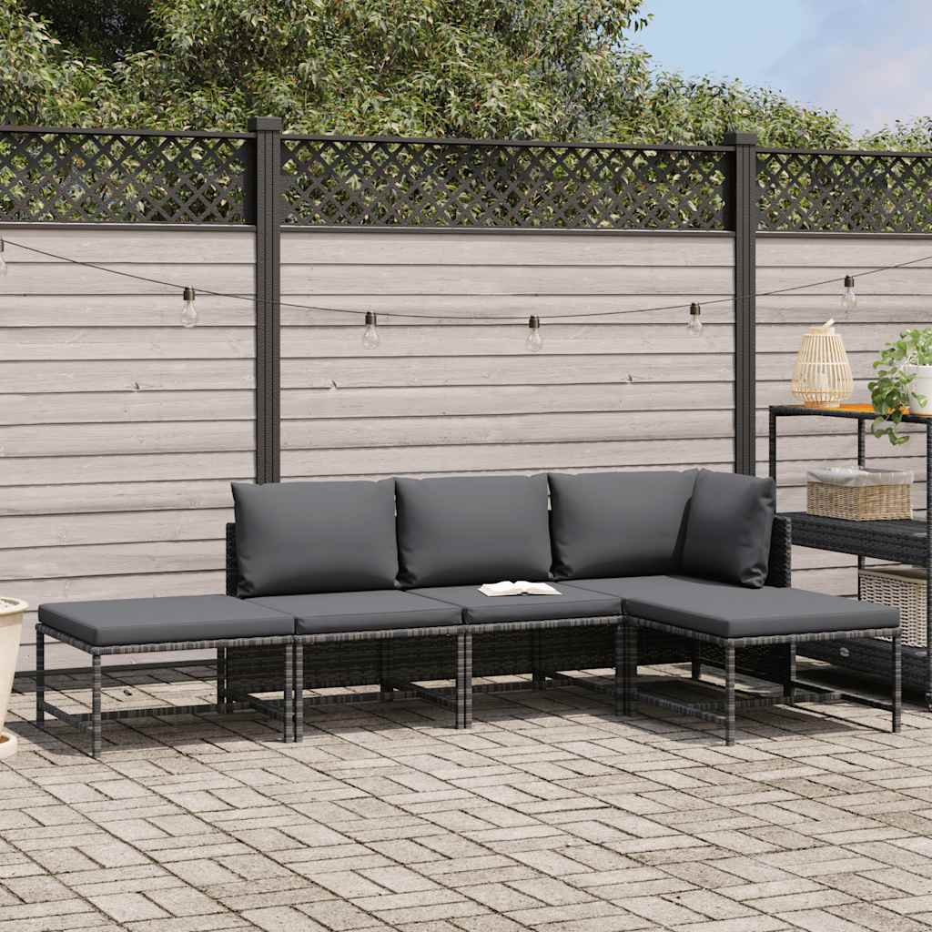 5 Piece Garden Sofa Set with Cushions Grey Poly Rattan