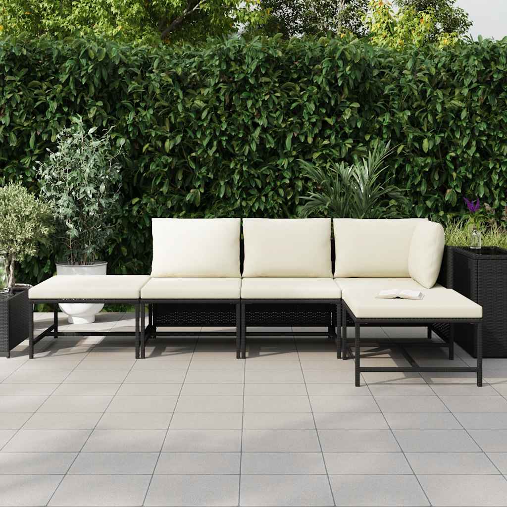 5 Piece Garden Sofa Set with Cushions Black Poly Rattan