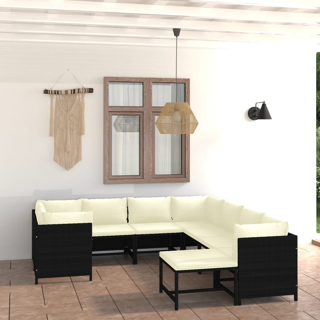 9 Piece Garden Lounge Set with Cushions Poly Rattan Black