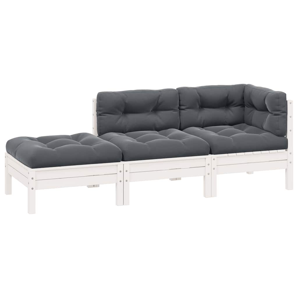 3 Piece Garden Lounge Set with Cushions White Solid Pinewood
