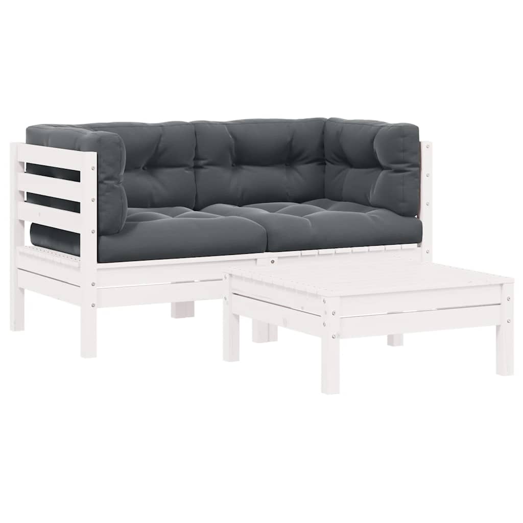 3 Piece Garden Lounge Set with Cushions White Solid Pinewood