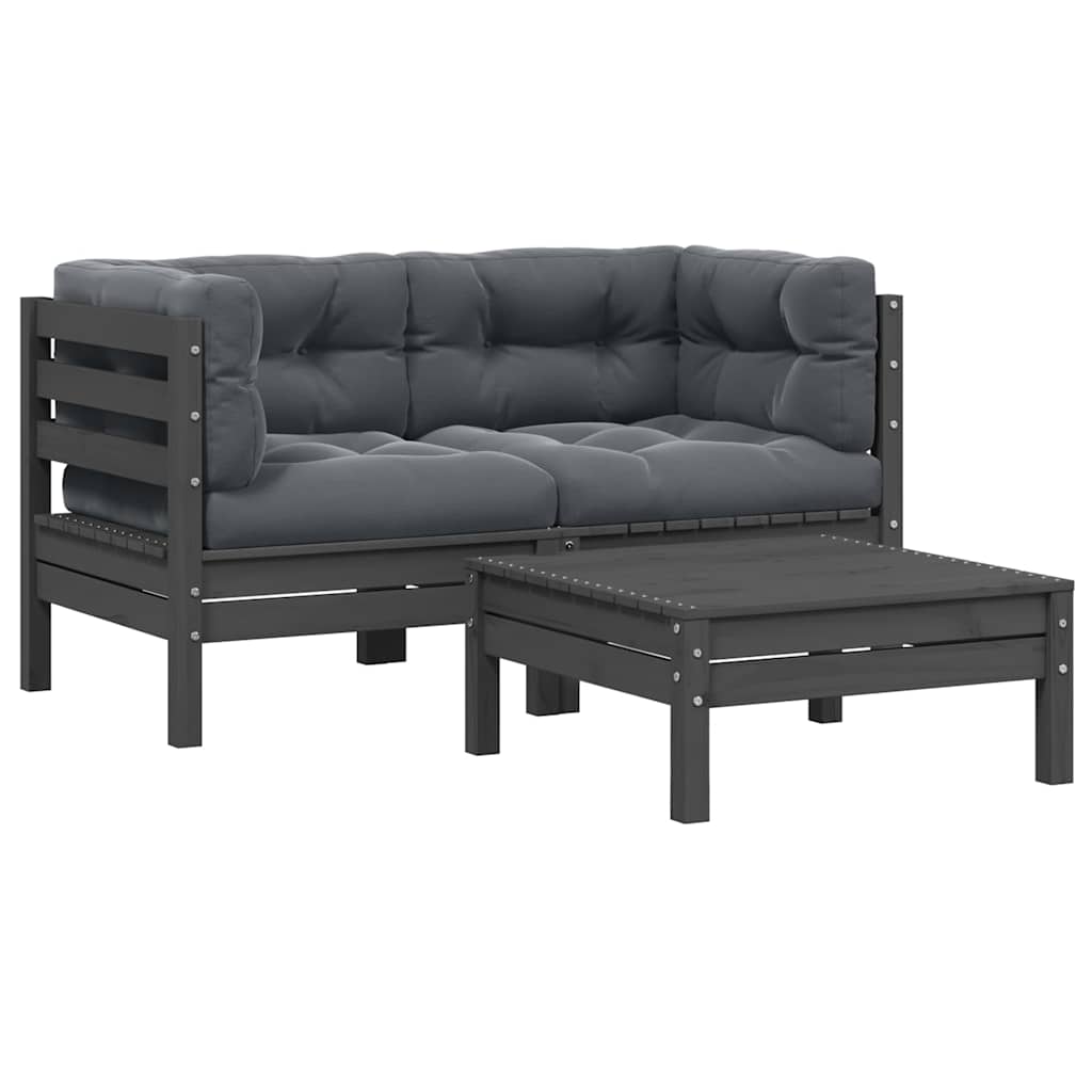 3 Piece Garden Lounge Set with Cushions Grey Solid Pinewood