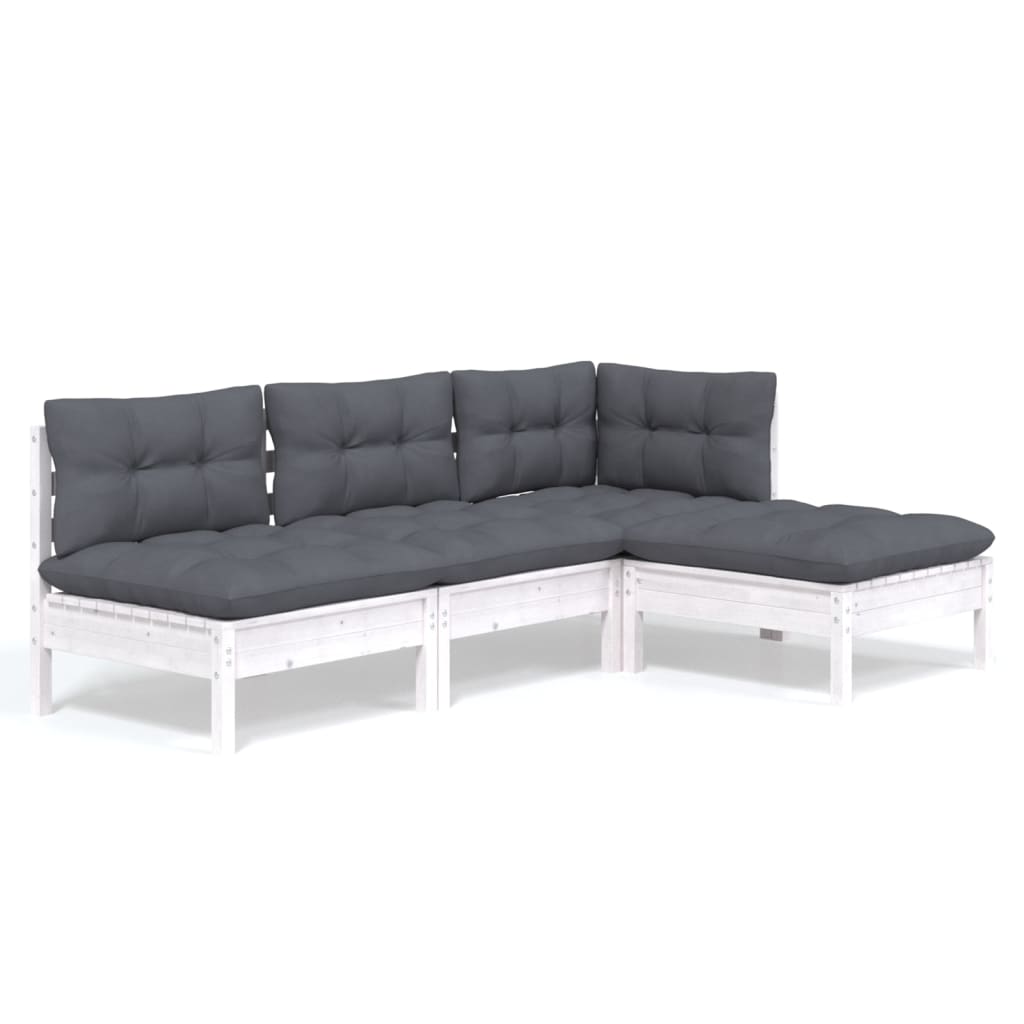 4 Piece Garden Lounge Set with Cushions White Pinewood
