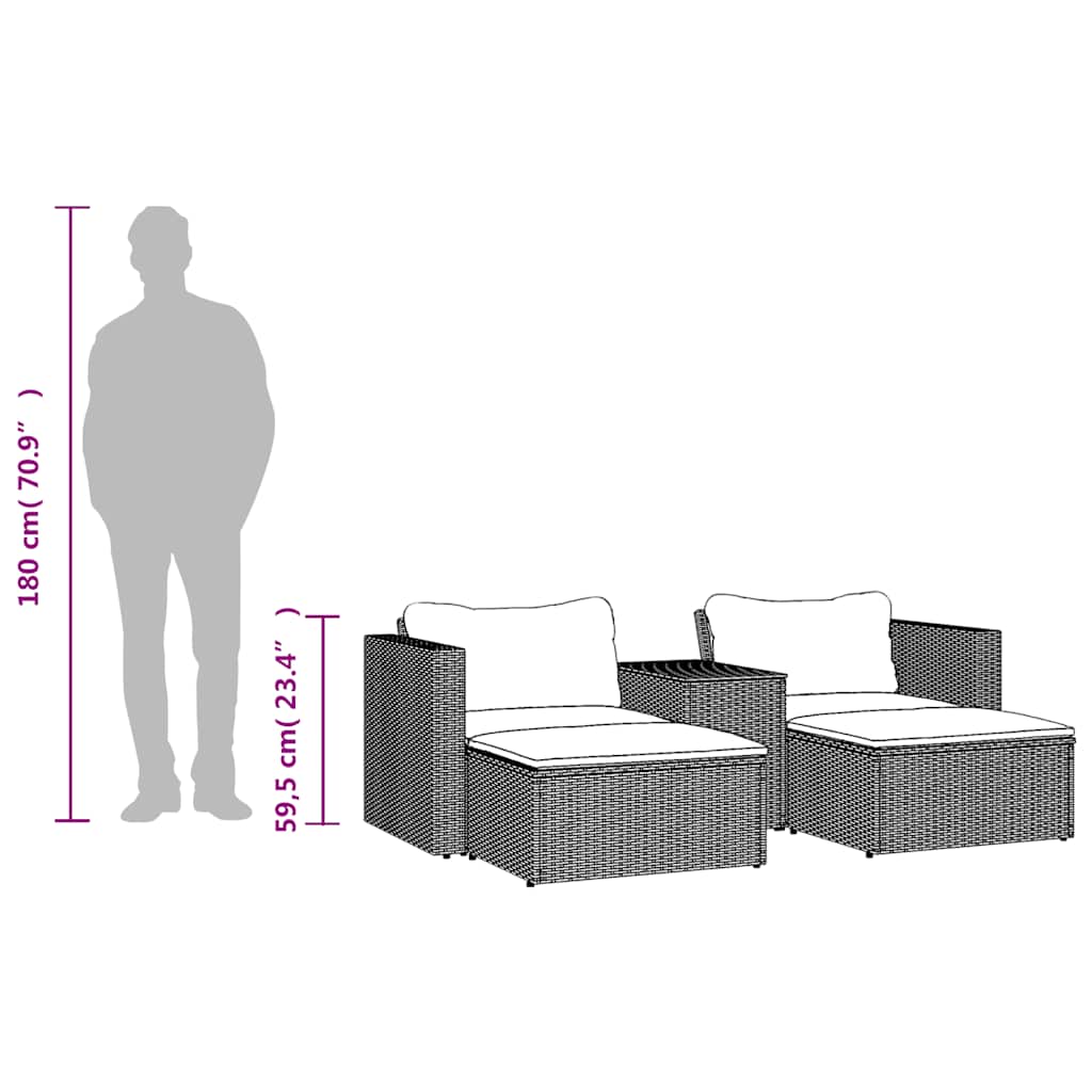 5 Piece Garden Sofa Set with Cushions Black Poly Rattan Acacia