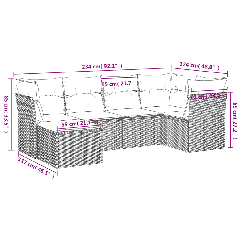 6 Piece Garden Sofa Set with Cushions Grey Poly Rattan