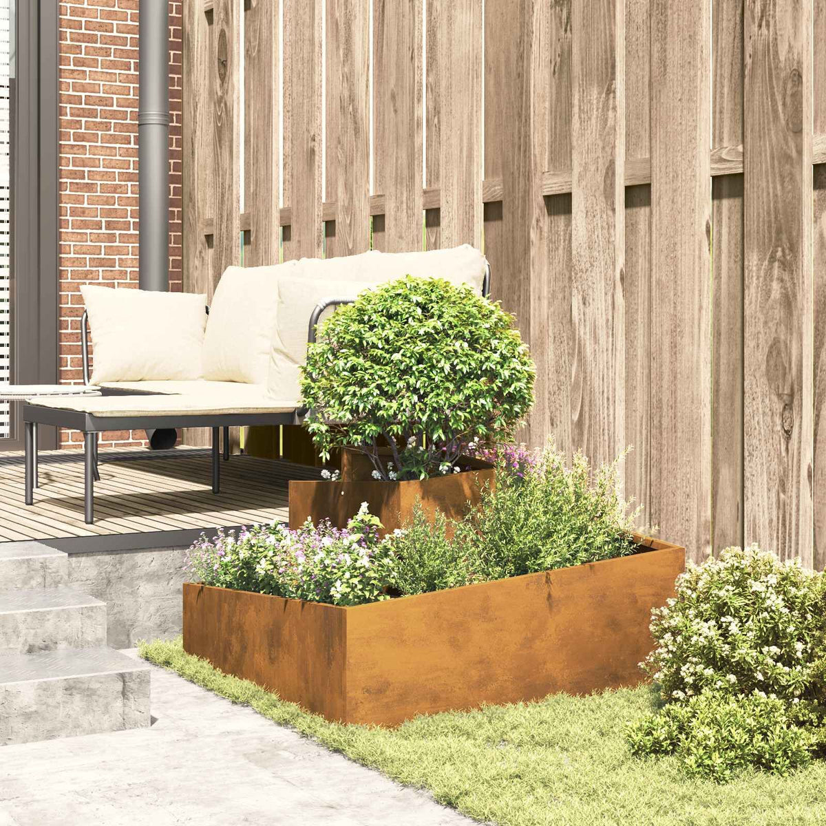 Garden Planter Raised Bed Flower Box Metal 80x80cm Weathering Steel Brown
