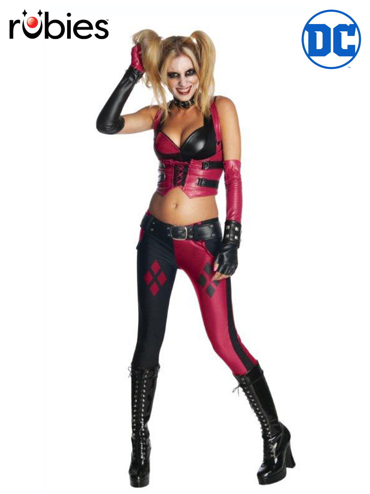 Harley Quinn Deluxe Adult Costume with Bustier, Pants, Belt, Choker and Gloves