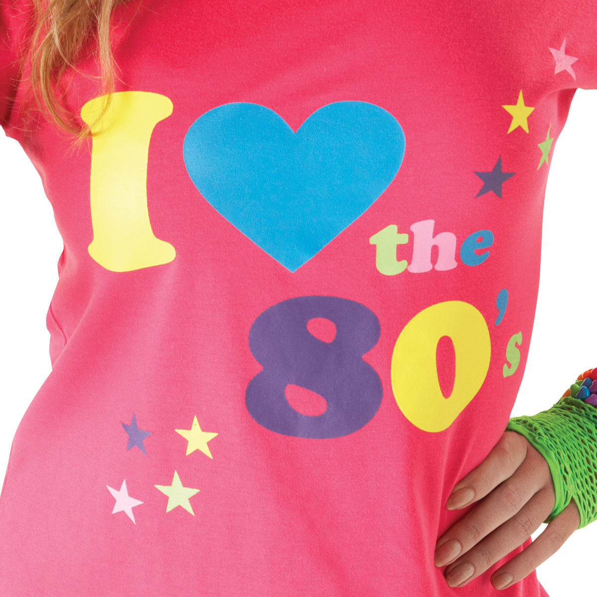 1980s I Love The 80’s Women’s Costume Top with Printed Stars and Message – Pink Colour