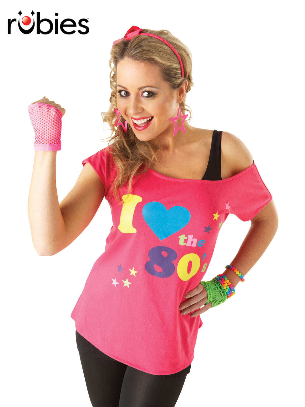 1980s I Love The 80’s Women’s Costume Top with Printed Stars and Message – Pink Colour