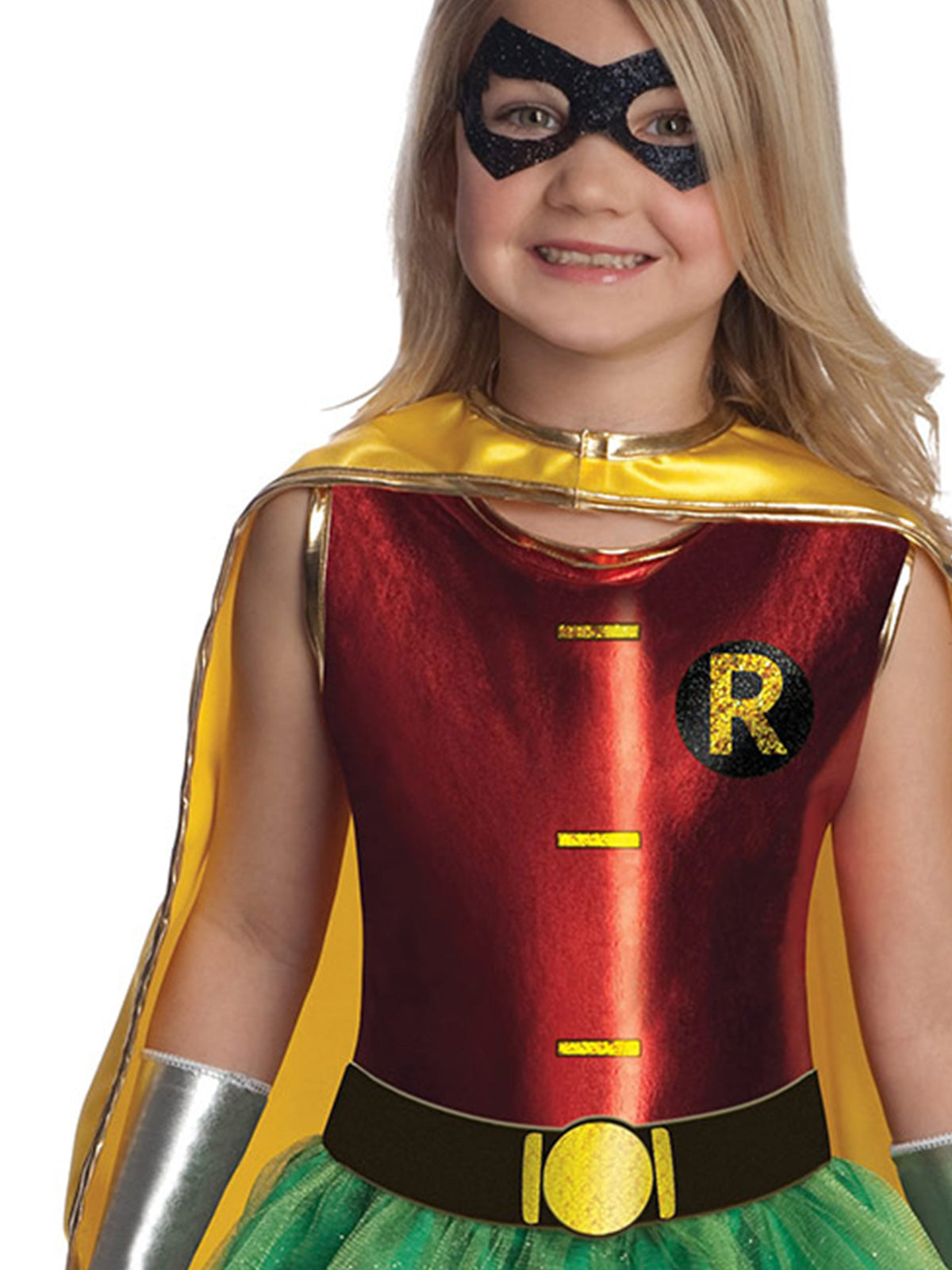 DC Comics Robin Girls Costume with Shiny Dress, Tutu Skirt, Cape and Eyemask - Red & Green Colour