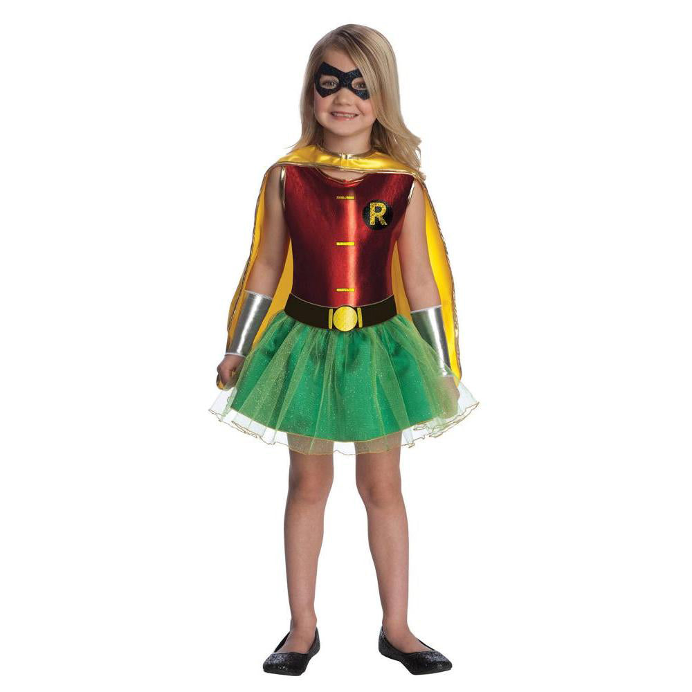 DC Comics Robin Girls Costume with Shiny Dress, Tutu Skirt, Cape and Eyemask - Red & Green Colour