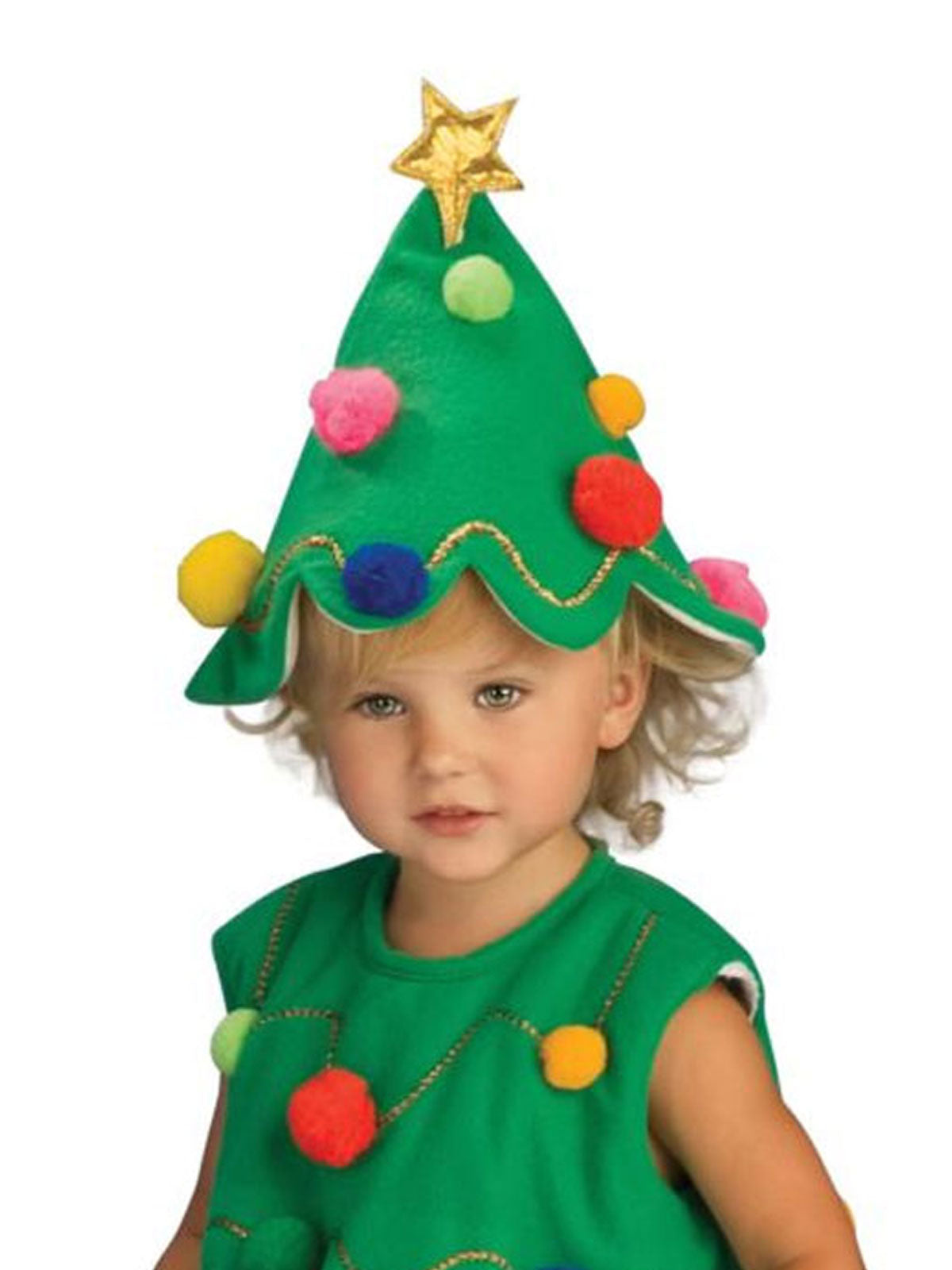 Christmas Tree Festive Costume Dress for Kids with Hat Pom Poms and Star